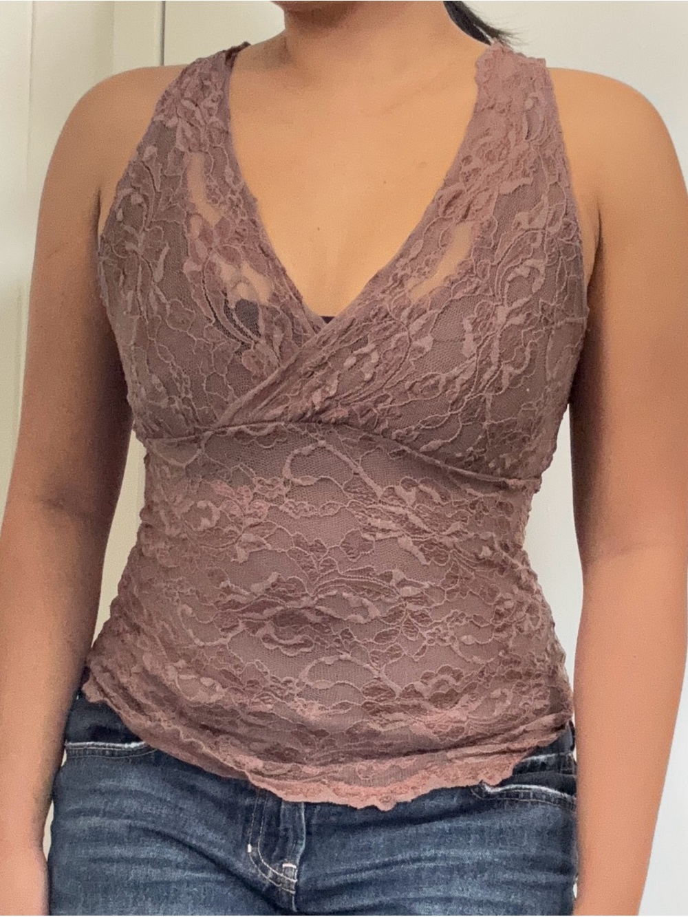 Zara Mauve Lace V-Neck Sleeveless Top